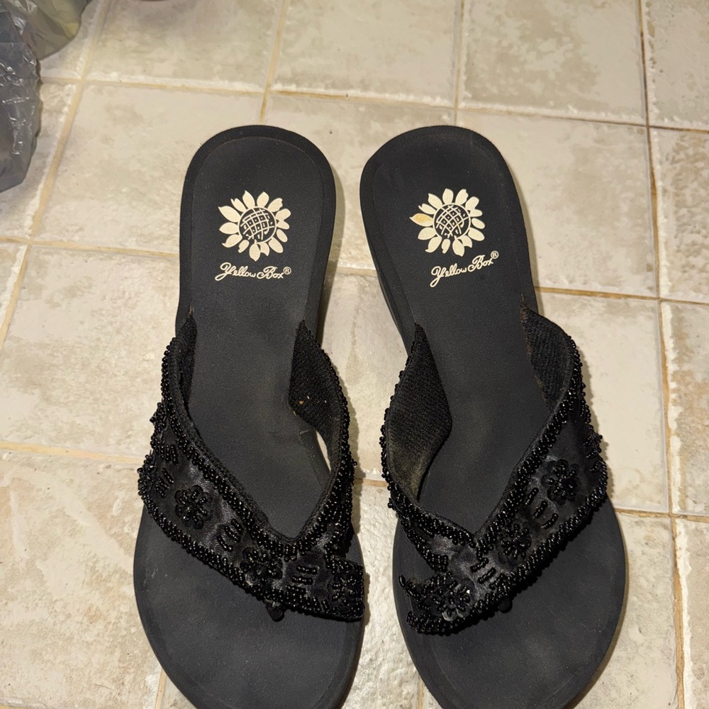 Yellow Box Black Floral Beaded Sandals
